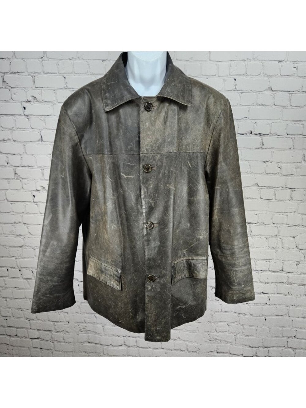 Vera Pelle Brown Distressed Leather Button Pocket Jacket Coat Italy 52 US 42